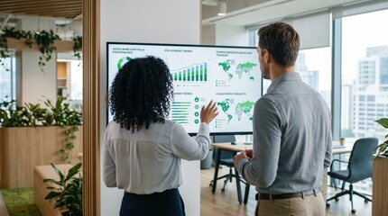 Obraz premium Colleagues reviewing carbon emission reduction and clean energy projects on wall display, environmental sustainability and global impact tracking.
