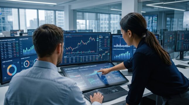 Traders monitoring crypto market on multi-screen workstation, blockchain transaction analysis, digital asset trading dashboard with candlestick charts