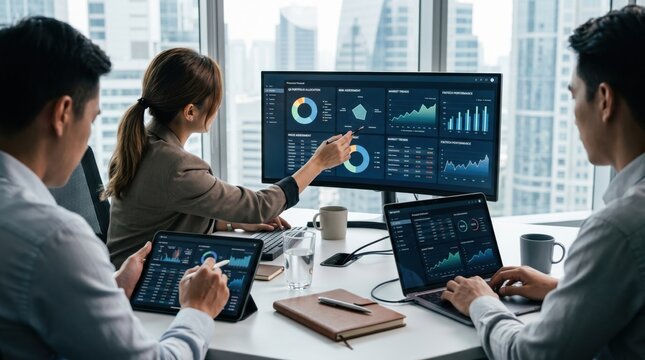 Diverse group analyzing business KPIs on laptops and tablets, collaborative data visualization session, modern workspace with urban skyline backdrop