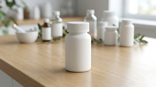 Blank white vitamin supplement pill bottle mockup on wooden table with blurred bottles for medical branding and pharmacy