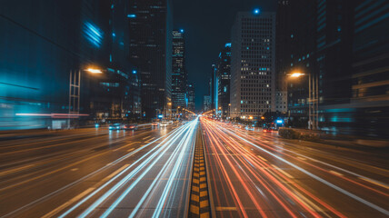 Fototapeta premium A vibrant city street at night is illuminated by the streaks of car lights, showcasing the rapid pace of urban movement.