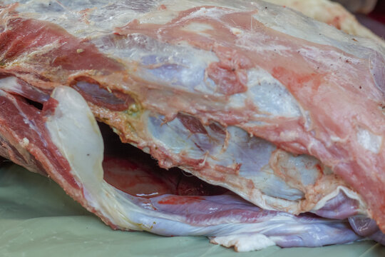 a freshly slaughtered animal carcass showing detailed layers of raw red meat, white fat, and inner muscle tissue.