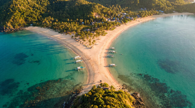 Stunning aerial view of a tropical island with a sandbar connecting two beaches and turquoise waters.