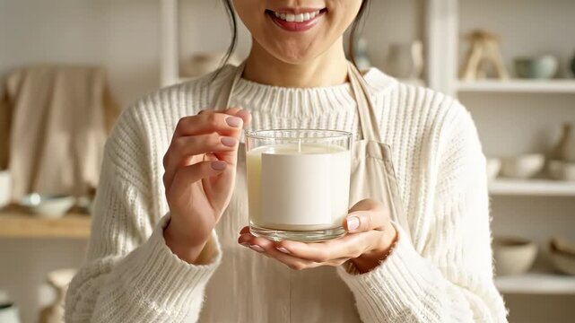 Asian woman in a white sweater and apron presents a glass candle with a joyful expression, highlighting the candle's features in a beautifully arranged kitchen filled with pottery and decorative items