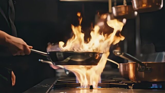 Chef in black uniform expertly maneuvers a frying pan over a gas stove, generating flames and steam in a vibrant cooking scene, with copper pots hanging in the background of a professional kitchen