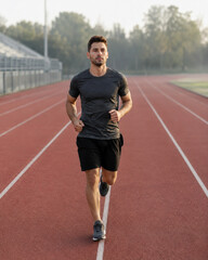 Fototapeta premium Focused male runner training on an outdoor track at sunrise, athletic man jogging with determination in a stadium fitness setting.