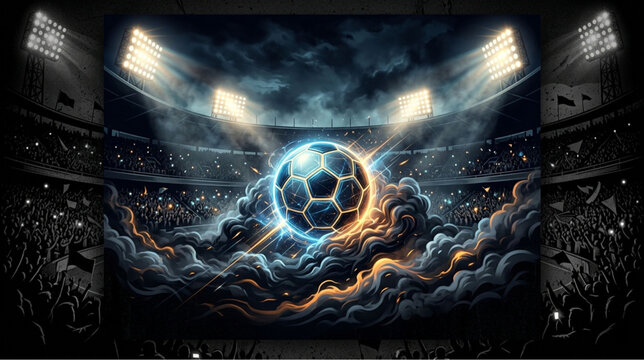 Soccer ball, stadium lights, sports illustration, football graphic, vibrant colors