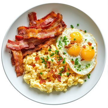 A breakfast plate with scrambled eggs, bacon, and hash browns. full length isolate on transparent background
