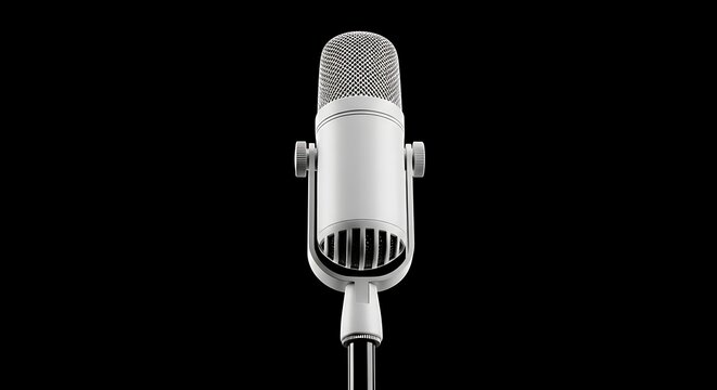 Vintage silver studio microphone on black background for professional audio recording, broadcasting, podcasting and live music performance