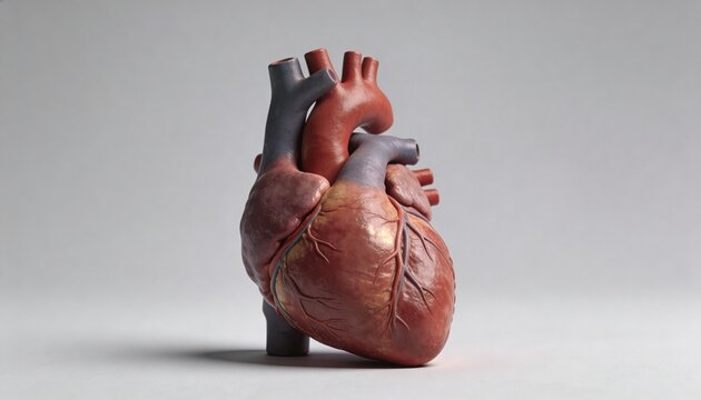 Detailed anatomical model of a human heart with visible arteries and veins against a neutral studio background