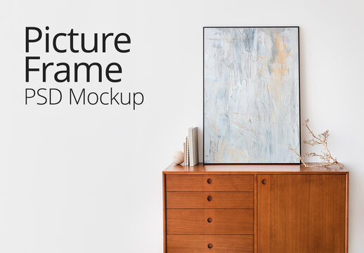Minimalist Poster Mockup On Cabinet PSD