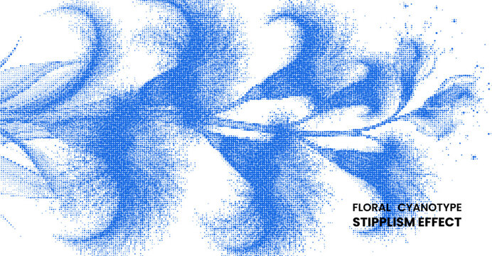 Abstract blue floral cyanotype stipplism effect, botanical leaf pattern with stippling halftone dot texture isolated on white background
