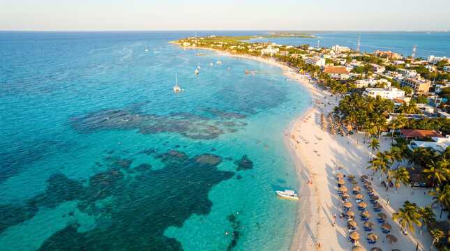 Aerial view of a tropical coastline with white sand beaches, turquoise ocean, and palm trees lining the shore.
