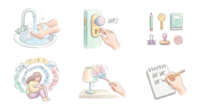 Watercolor Obsessive Compulsive Disorder OCD Psychiatry Clipart Set Featuring Repetitive Behaviors Cleaning Checking Counting and Anxiety Symptoms Isolated PNG