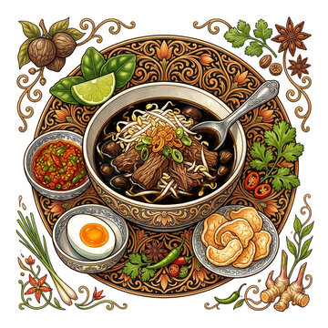 Indonesian Rawon Black Beef Soup Illustration, East Java Iconic Dark Kluwek Broth with Meatball Bean Sprouts and Salted Egg, White Background