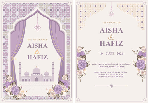 Elegant Islamic wedding invitation card template set with purple and cream colors, featuring a beautiful mosque illustration, arabesque geometric patterns, and floral decorations for Muslim marriage.