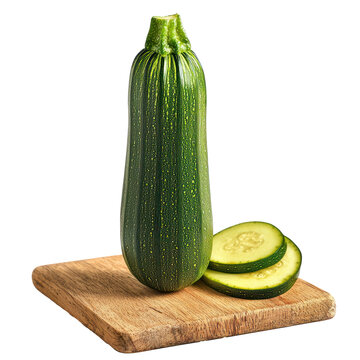 A zucchini placed upright on a cutting board, ready to be sliced. full length isolate on transparent background