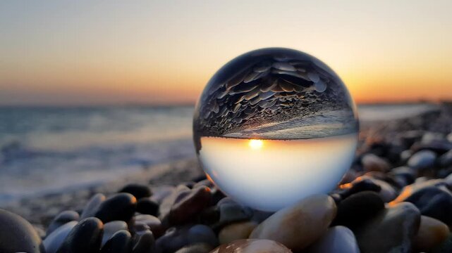 Beautiful sunset over the sea inverted inside a crystal lensball placed on a pebble beach.