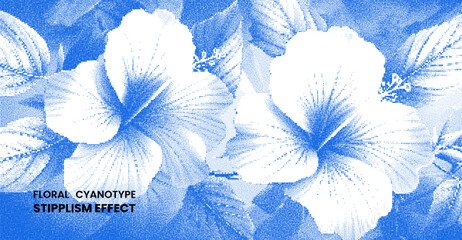 Floral cyanotype stippling effect with hibiscus flowers, blue and white abstract art © MDMahmudul