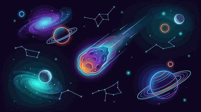 Meteor falling through outer space with a glowing tail, comet flying past planets and star constellations, deep universe vector illustration