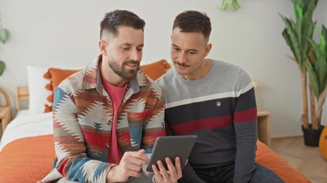 Two men on bed, one points finger to tablet while both lean in viewing the screen in bedroom; comfort connection.