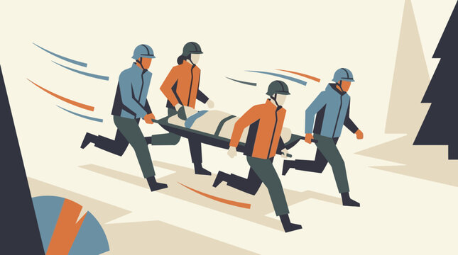 Emergency rescue team carrying a patient on a stretcher, medical first responders in uniform running, disaster relief flat vector illustration
