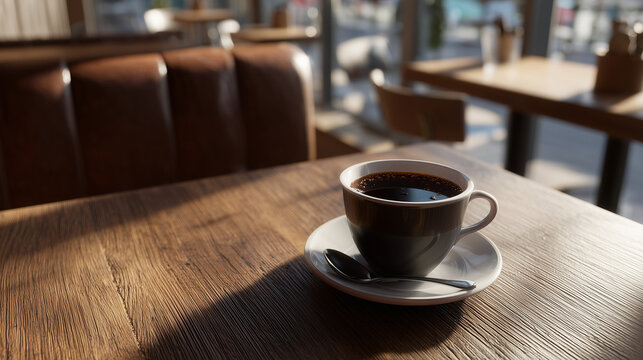 フォトリアルなコーヒーショップのテーブルシーンを表現した高品質な写真調画像