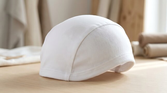 White inner hijab cap with lace pattern mesh fabric on a wooden table perfect for fashion and modesty apparel presentation