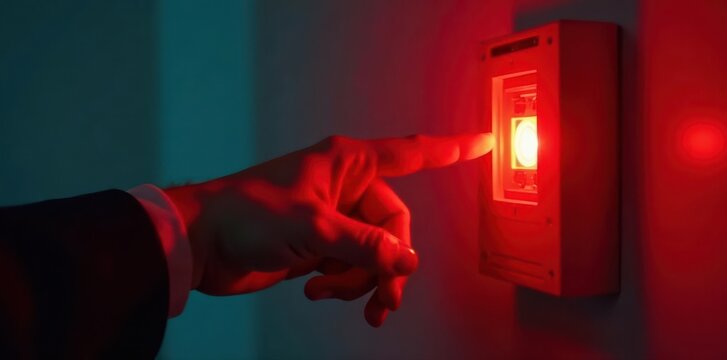 Hand activates a bright red emergency buzzer; studio shot , beginning, conclusion