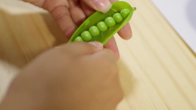 Fresh green peas shelling by hand