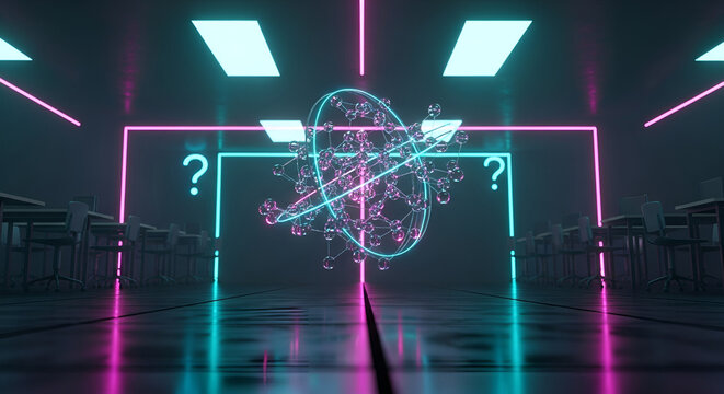 Neon lit room with glowing molecular structure and question marks