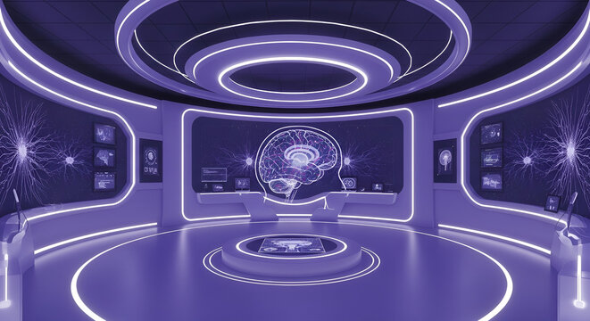 Futuristic laboratory with brain interface and neon lights