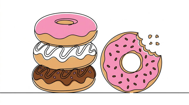 Minimalist continuous line art illustration showcasing a delightful stack of glazed donuts next to a delicious pink donut with sprinkles, symbolizing sweet indulgence and bakery treats