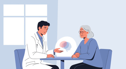 Fototapeta premium Doctor consults with elderly patient about mental health, brain icon