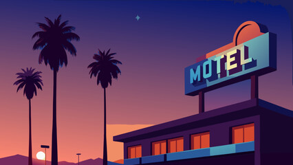 Isolated motel sign at night with palm trees under sunset sky vacation roadside illustration silhouette landscape california horizontal traveling roadtrip adventure beautiful colorful © new_icons