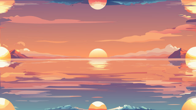 Isolated sunset over calm ocean with distant mountain silhouette mountain reflection background illustration peaceful tranquil gradient vacation twilight silhouette beautiful atmosphere