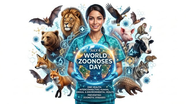 World zoonoses day concept with medical professional and various animals