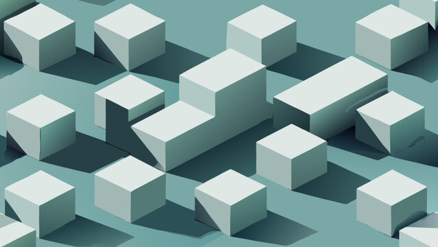 Isolated pattern of varied isometric blocks with sharp shadows on a cyan surface isometric geometry abstract background structure minimalist wallpaper repeating perspective template