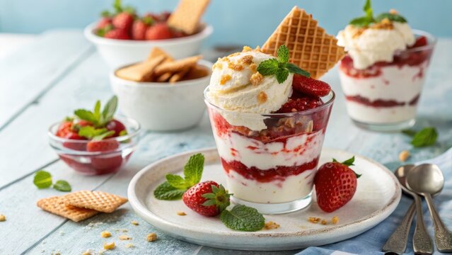 Layered Strawberry Ice Cream Dessert with Waffle Cone