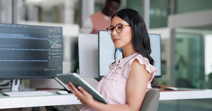 Digital agency, reading or woman with tablet for planning, app maintenance or software update proposal. Review programming code, testing data or developer with algorithm check, system idea or tech