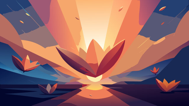 Abstract floral composition with glowing sunrise and floating petals abstract sunflower background artistic illustration floating atmospheric landscape tranquil creative stylized ethereal