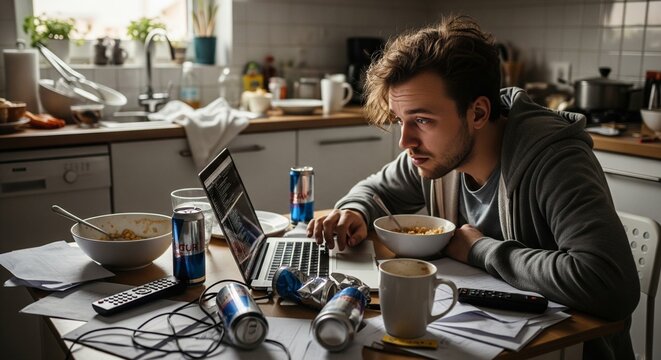 Focused man eating breakfast while working on laptop in cluttered kitchen
