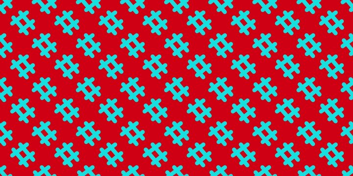 Seamless pattern of bright blue hashtag symbols arranged diagonally on a vibrant red background. High-contrast abstract  backdrop for social media, marketing, and modern digital graphic design.
