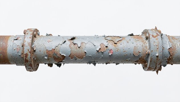Corroded Industrial Pipe: A close-up view of a severely corroded metal pipe with peeling paint, revealing rust and decay, symbolizing neglect and industrial decline.