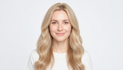 Naklejka premium Blonde Woman Smiling: A portrait of a friendly blonde woman with wavy hair, smiling warmly, exuding confidence and approachability.