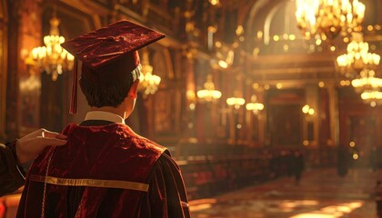 Obraz premium Graduation Ceremony in Ornate Hall with Chandelier Lights.