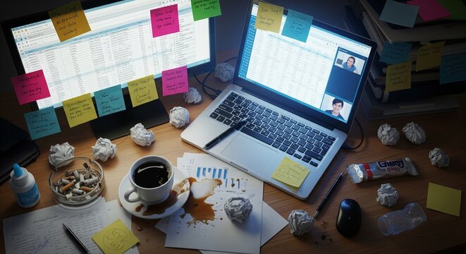 Overwhelmed office worker's messy desk with scattered papers, sticky notes, coffee spill, and crumpled paper balls, highlighting a stressful work environment and deadline pressure