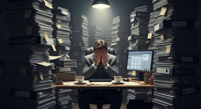 Overwhelmed office worker struggling with a massive workload and piles of paperwork in a dim, stressful environment