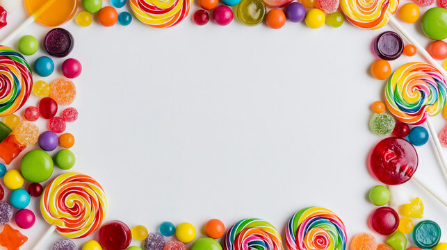 Minimalist Rectangular Border Template with Half-Visible Colorful Round Candies Lollipops and Jelly Beans on White Background
