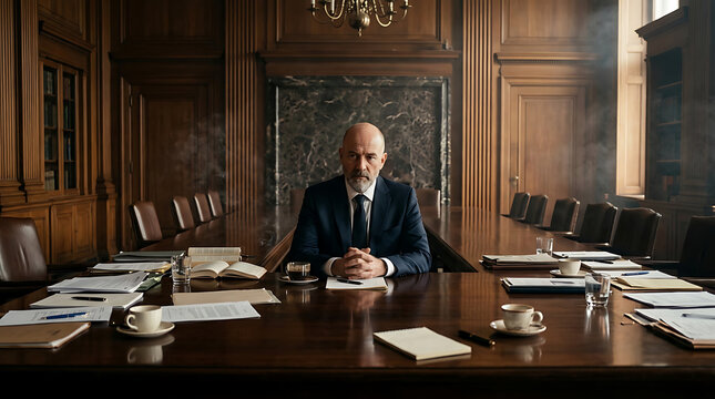 Man in suit at long wooden table